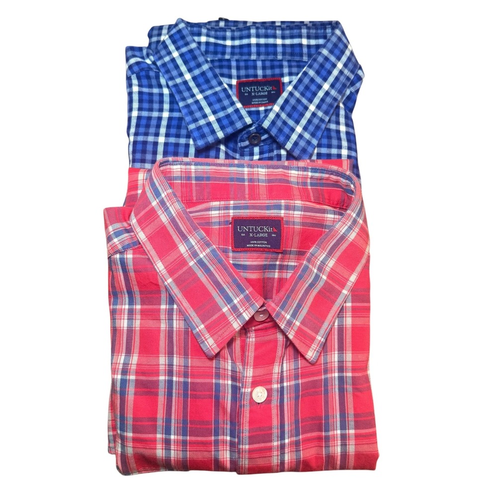 Bundle of 2 UNTUCKit Mens XL Blue White Red Plaid Long Sleeve Button Down Shirts
